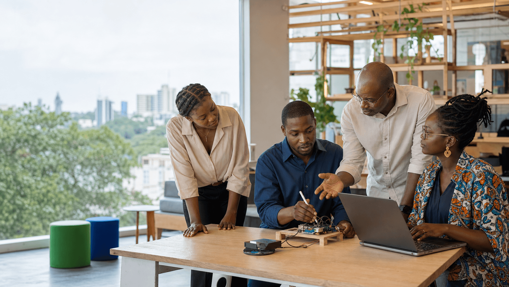 Équipe gabonaise réunie autour d’un prototype électronique dans un espace d’innovation à Libreville.
