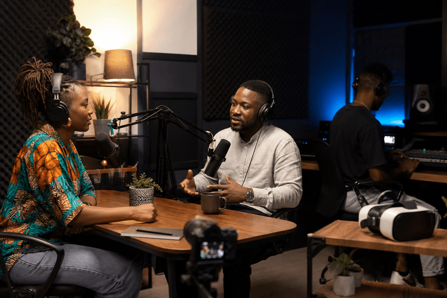 Studio podcast du MédiaLab avec des intervenants et un technicien du son.